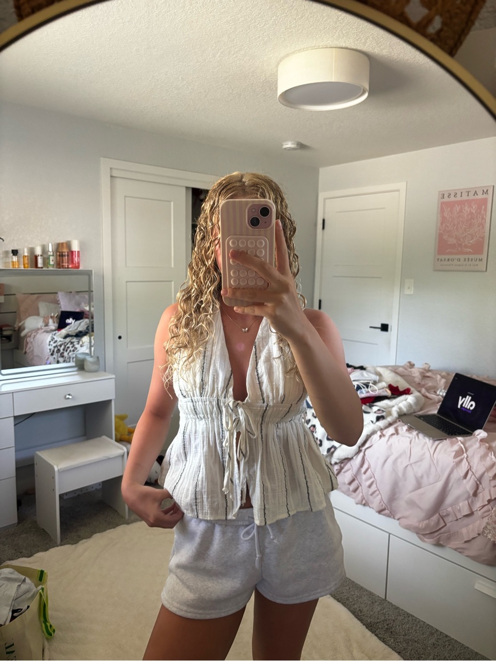aerie Cream Striped Tie-Front Peplum Halter Top